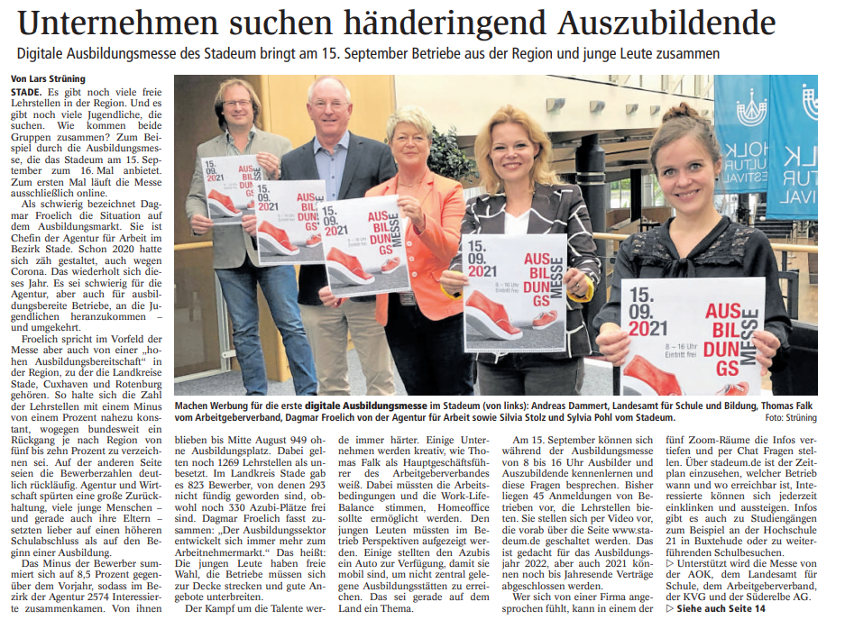 Stader Tageblatt v. 26.08.2021 Unternehmen suchen händeringend Auszubildende